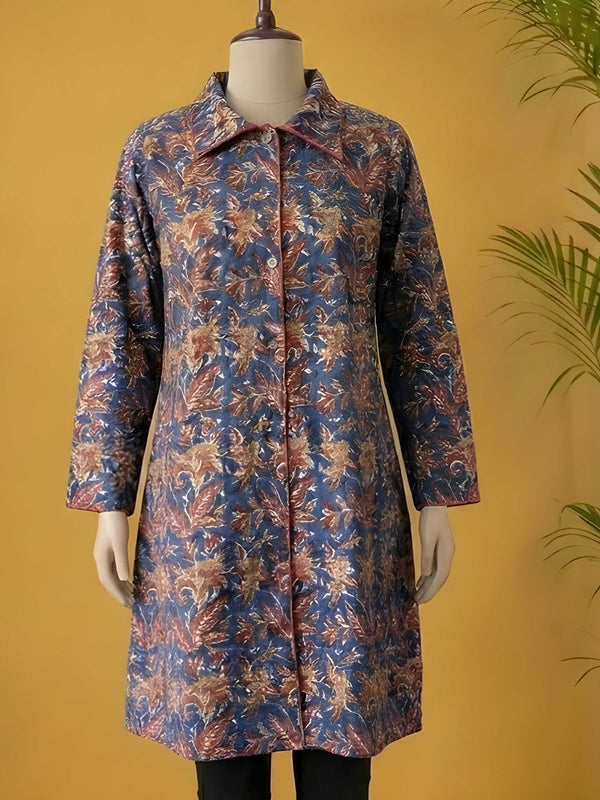 Avaran Roop Pure Cotton Blockprint Winter Jacket Blue