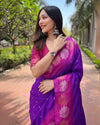 Indiehaat | Soft Silk Floral Border Contrast Zari Woven Purple & Pink Saree