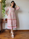 Indiehaat | Cotton Long One Piece Dress Multi Color Bagru Hand Printed Size 36 to 46