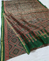 Indiehaat | Chanderi Silk Ajrakh Print Saree Green
