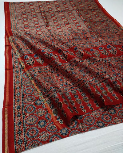 Indiehaat | Chanderi Silk Ajrakh Print Saree Red
