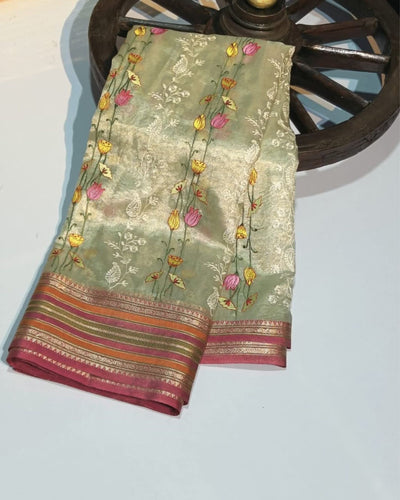 Indiehaat | Banarasi Tissue Silk Beige Embroidered Saree