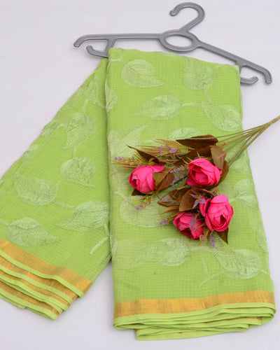 Indiehaat | Pure Cotton Kota Doria Green Embroidery Saree