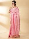 Silk Linen Banarasi Brocade Weaving Handloom Pink Saree With Blouse-Indiehaat