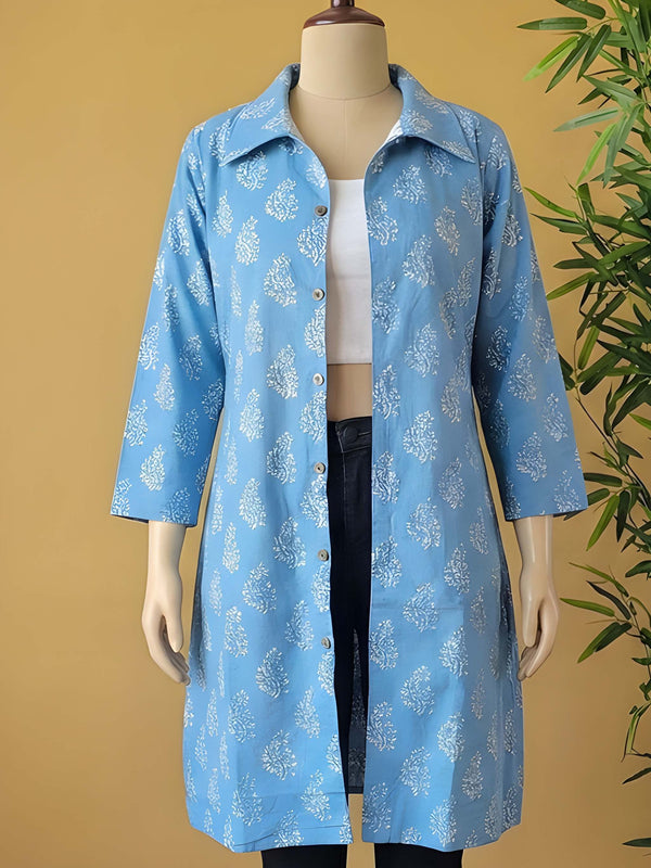 Avaran Roop Pure Cotton Blockprint Winter Jacket Sky Blue