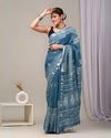 Indiehaat | Linen Saree Blue Color Kalamakari Handblock Printed With Running Blouse