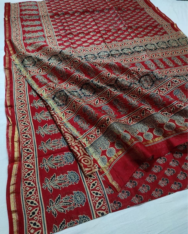 Indiehaat | Chanderi Silk Ajrakh Print Saree Red