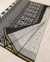 Indiehaat | Blockprint Chanderi Silk Saree in Black & White | Elegant Monochrome Saree