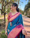 Indiehaat | Soft Silk Contrast Zari Woven Blue Saree