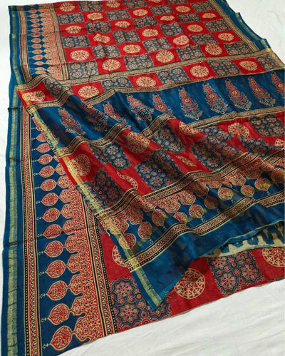 Indiehaat | Chanderi Silk Ajrakh Print Saree Red
