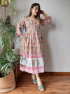 Indiehaat | Cotton Long One Piece Dress Multi Color Bagru Hand Printed Size 36 to 46