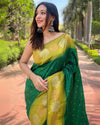 Indiehaat | Soft Silk Floral Border Contrast Zari Woven Green Saree