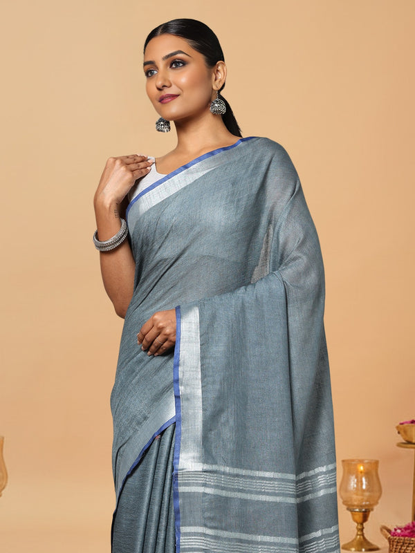 Smoky Slub Linen Hand Dyed Gray & Blue Saree