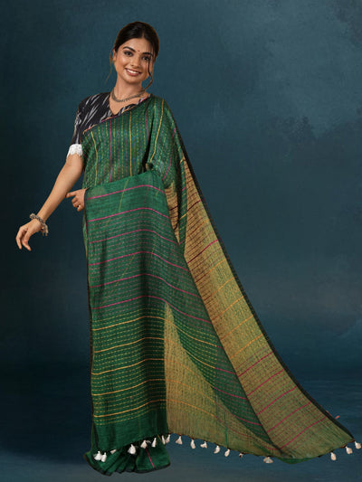 Dreamy Pure Linen Kantha Work Saree Spectra Green
