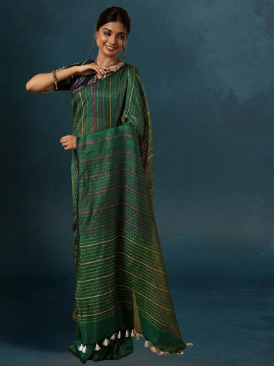 Dreamy Pure Linen Kantha Work Saree Spectra Green