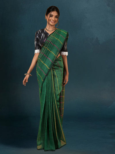 Dreamy Pure Linen Kantha Work Saree Spectra Green