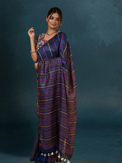 Thoughtful Pure Linen Kantha Work Saree Resolution Blue