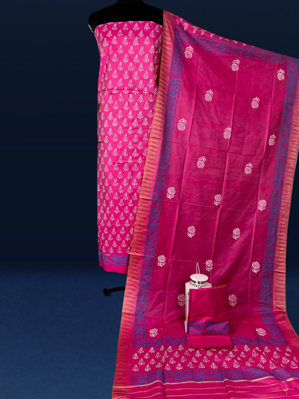 Katan Silk Gorgeous Suit (T+B+D)s Magenta Blockprinted
