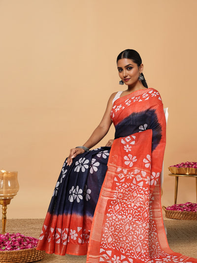 Vibrant Slub Linen Wax Batik Hand Dyed Saree Ink Blue & Orange