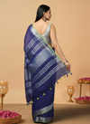 Slub Linen Hand Dyed Blue Saree with Contrast Blouse-Indiehaat