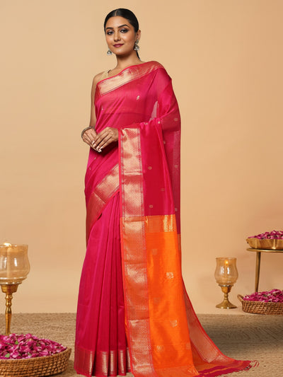 Radiating Maheshwari Pure Silk Lotus Buti Pink Saree