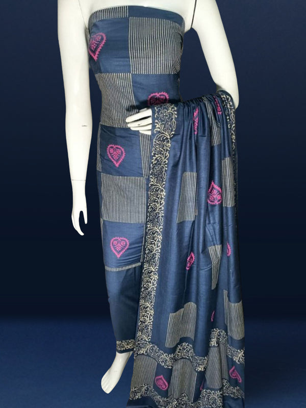 Katan Silk Textured Blockprint Blue Suit