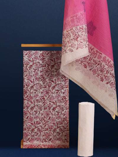 Bright Kota Doria Pink Blockprinted Suit (Top+Dupatta+Bottom)