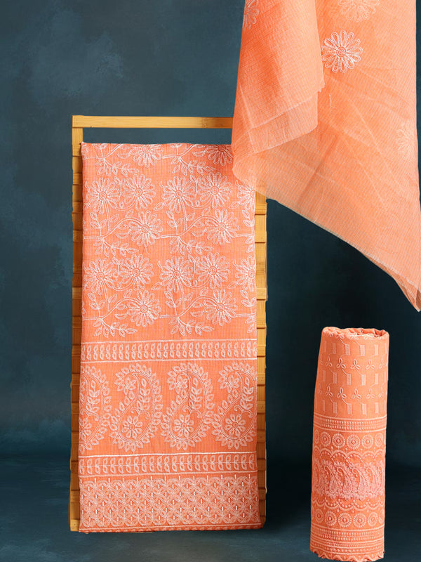 Embroidered Kota Doria Suit Orange (Top+Dupatta+Bottom)