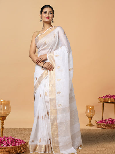 Incandescent Silk Linen White Saree Buta