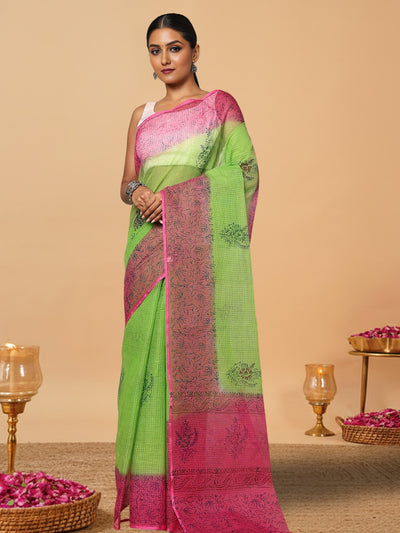 Vibrant Kota Doria Blockprinted Green & Pink Saree
