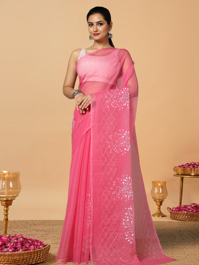 Lively Kota Doria Cotton Bel Embroidery Pink Saree Handdyed