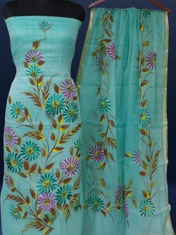 Handpainted Vibrant Kota Doria Blue Suit (Top & Dupatta)