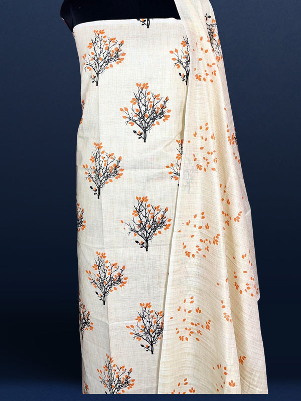 Blossom Blockprinted Khadi Silk Leafy Beige Suit