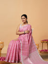 Pure Linen Check Design Handloom Light Pink Saree