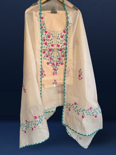 Embroidered Blushing Kota Doria Peach Suit (Top+Dupatta)