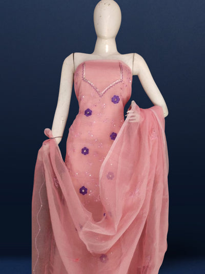 Brilliant Kota Doria Pink Suit (T+B+D) Material Embroidered