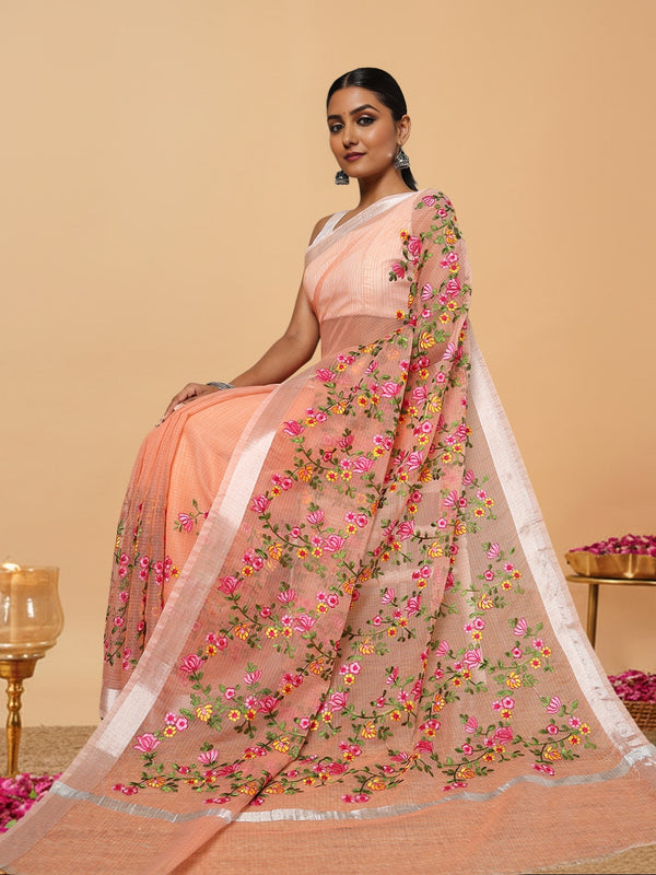 Kota Doria Saree Embroidered Red 12% Off - IndieHaat