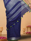 Slub Linen Hand Dyed Blue Saree with Contrast Blouse-Indiehaat