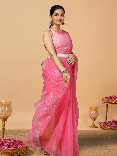 Lively Kota Doria Cotton Bel Embroidery Pink Saree Handdyed