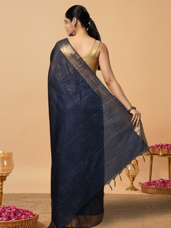 Striped Kota Slub Sequence Pallu Saree Hand Dyed Navy Blue