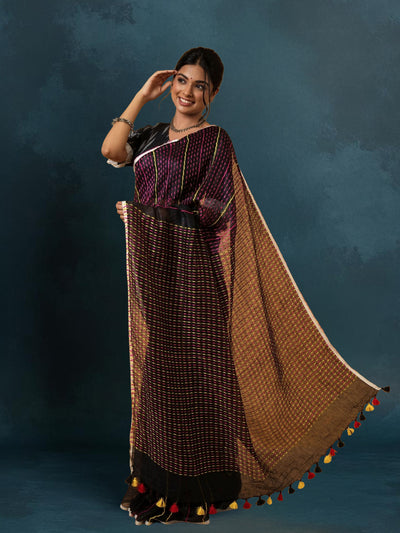 Shining Pure Linen Kantha Work Saree Black