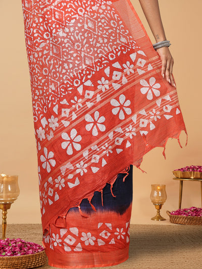 Vibrant Slub Linen Wax Batik Hand Dyed Saree Ink Blue & Orange