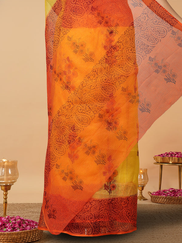 Vibrant Kota Doria Blockprinted Yellow Saree
