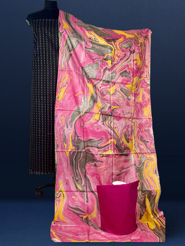 Abstract Katan Silk Marble Print Black & Pink Suit