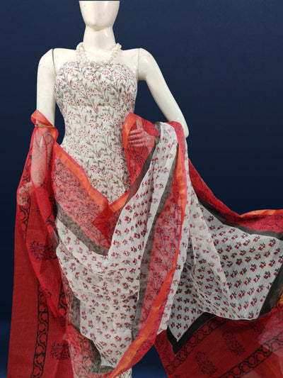 Quaint Kota Doria Red Blockprinted Suit (Top+Dupatta+Bottom)