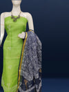 Adorable Kota Doria Blockprint Suit Material Green With Blue Dupatta