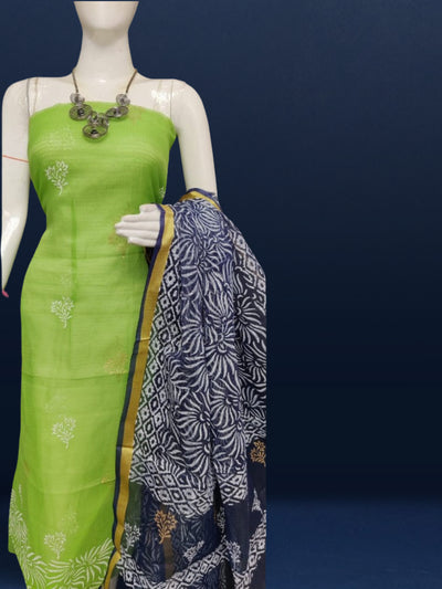 Adorable Kota Doria Blockprint Suit (T+B+D) Material Green With Blue Dupatta