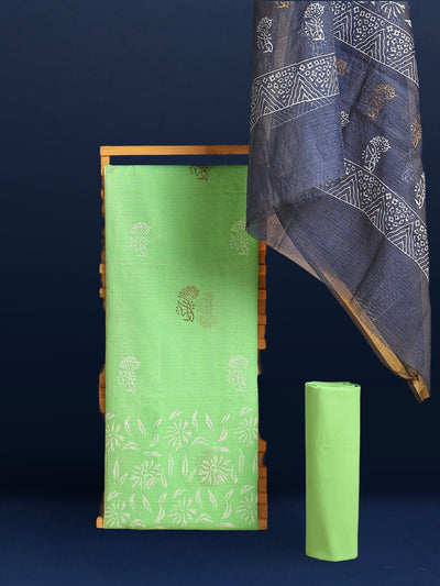Adorable Kota Doria Blockprint Suit (T+B+D) Material Green With Blue Dupatta
