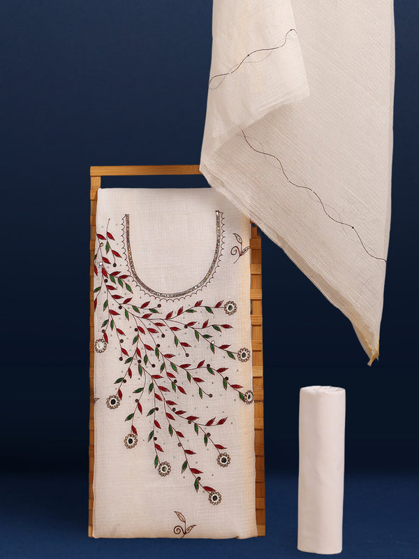 Enchanting Kota Doria Embroidered Suit Material White