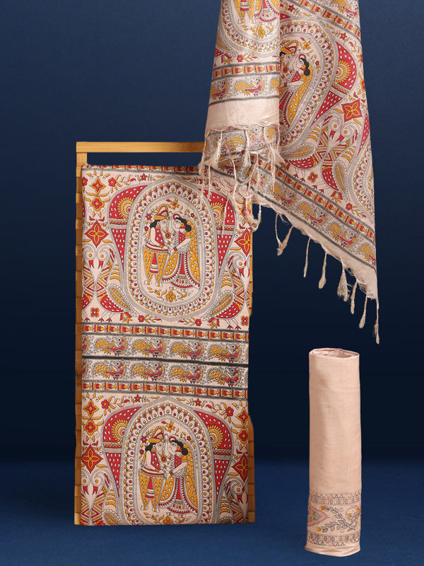 Stunning Katan Silk Madhubani Beige Suit